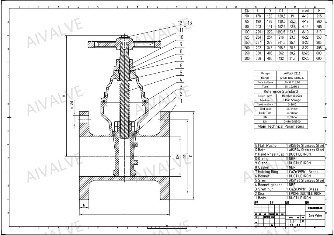 AWWA Brass Nut Resilient Seated Gate Valve